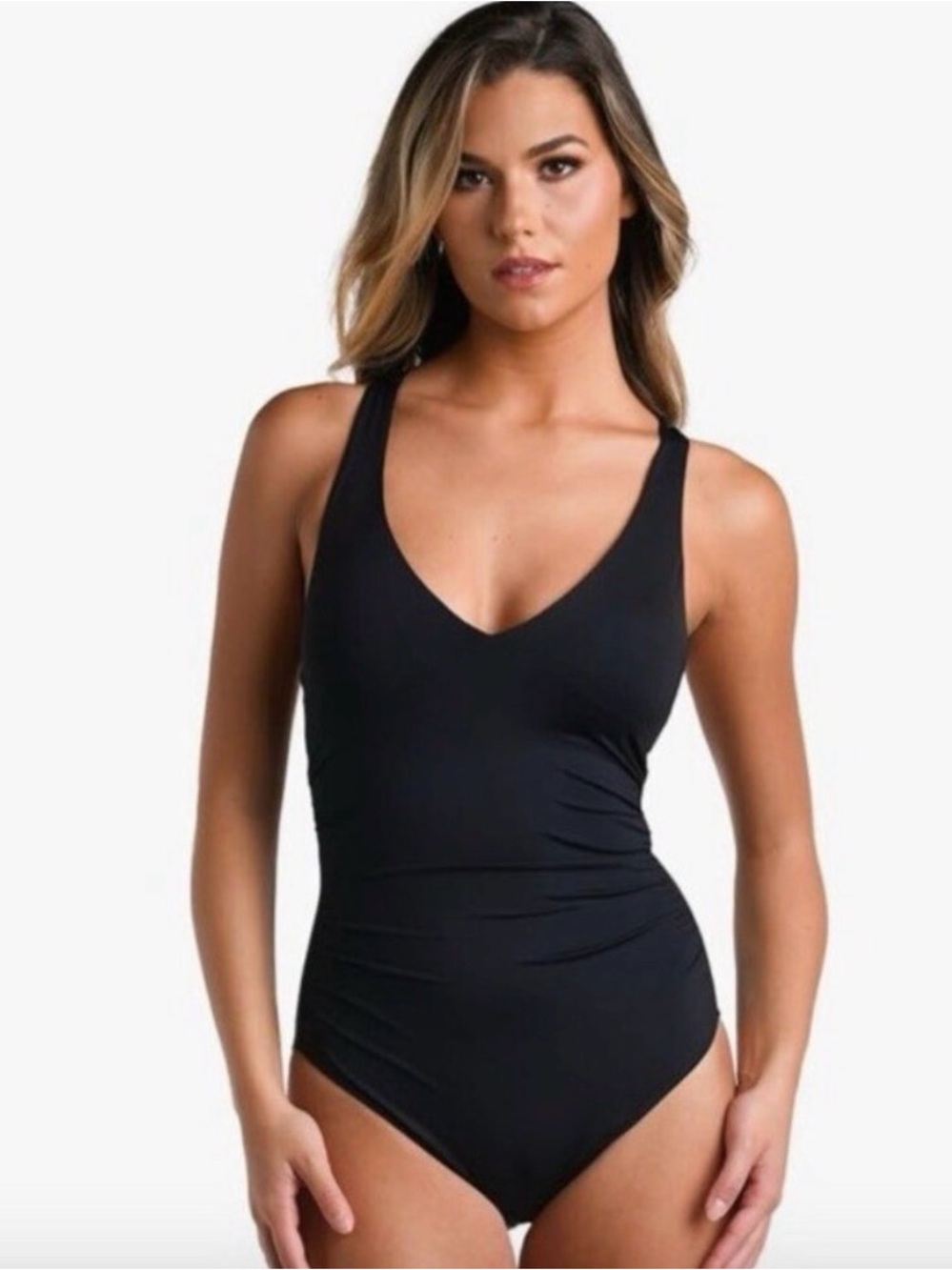 NWT La Blanca Goddess Black V-Neck One-Piece Swimsuit Sz US 6